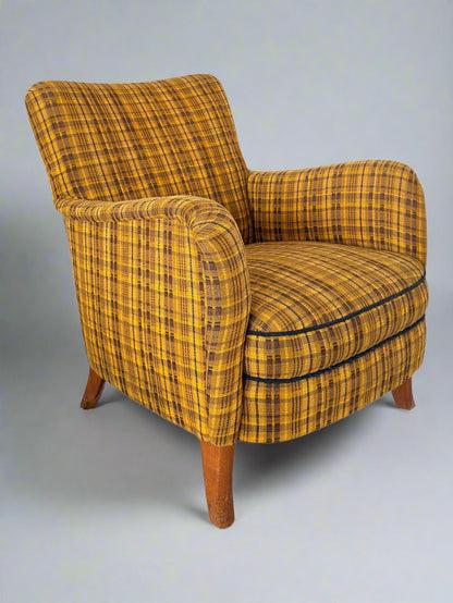 Set of 4 Armchairs with Ottoman by Möbelindustries Oelsa – Rabeneau PS 28, Beech & Tartan Fabric, 1950s