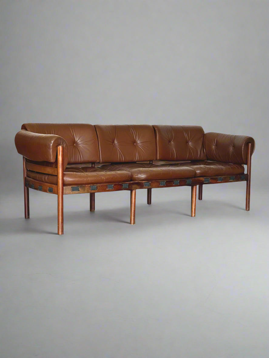 Three-Seater Sofa by Sven Ellekaer for Coja – Rosewood & Brown Leather, Scandinavian Modern