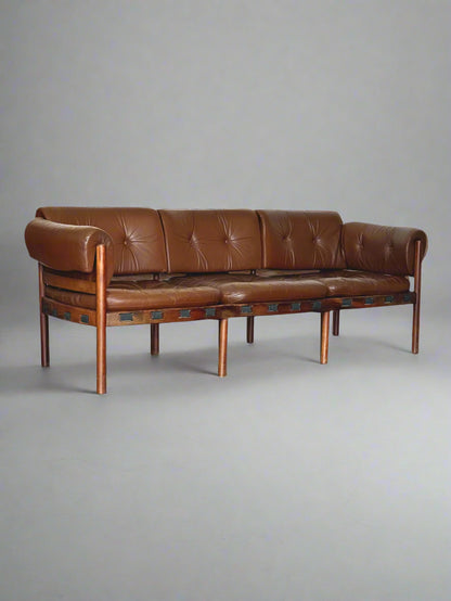 Three-Seater Sofa by Sven Ellekaer for Coja – Rosewood & Brown Leather, Scandinavian Modern