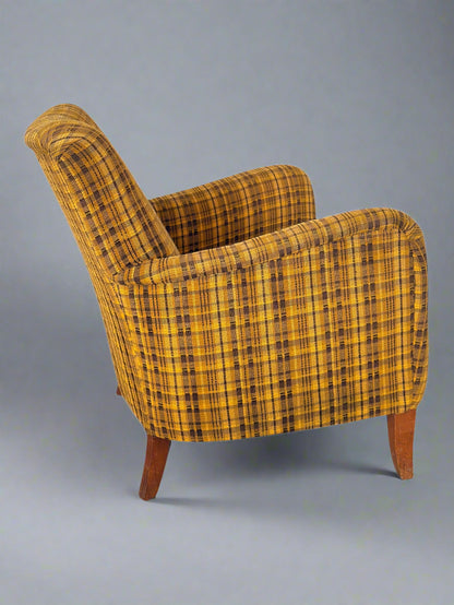 Set of 4 Armchairs with Ottoman by Möbelindustries Oelsa – Rabeneau PS 28, Beech & Tartan Fabric, 1950s