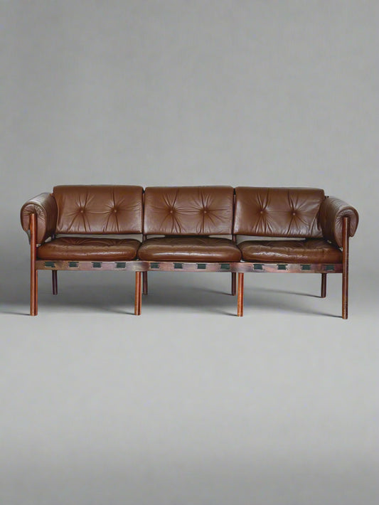 Three-Seater Sofa by Sven Ellekaer for Coja – Rosewood & Brown Leather, Scandinavian Modern