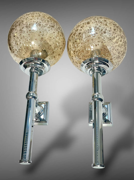 Pair of Vintage Wall Sconces – Textured Glass & Chrome, 1970s